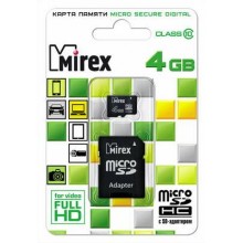 Флеш карта microSD 4GB Mirex microSDHC Class 10 (SD адаптер) арт.:13613-AD10SD04