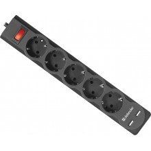 Defender Сетевой фильтр DFS 755, черный, 5 розеток + 2xUSB, 2.1A, 5 м. арт.:99755