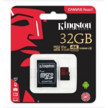 Kingston Technology Флеш карта microSD 32GB Kingston microSDHC Class UHS-I U3 V30 Canvas React (SD адаптер) 70MB/s арт.:SDCR/32GB