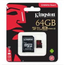 Kingston Technology Флеш карта microSD 64GB Kingston microSDXC Class UHS-I U3 V30 Canvas React (SD адаптер) 80MB/s арт.:SDCR/64GB