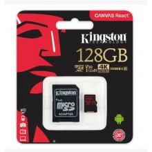 Kingston Technology Флеш карта microSD 128GB Kingston microSDXC Class UHS-I U3 V30 Canvas React (SD адаптер) 80MB/s арт.:SDCR/128GB