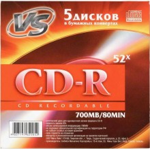 Диск CD-R VS 700 Mb, 52x, Бум. конверт (5), (5/250) арт.:VSCDRK501