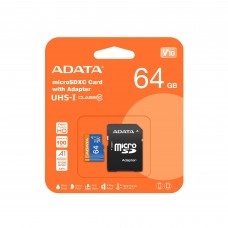 Флеш карта microSD 64GB A-DATA Premier microSDXC Class 10 UHS-I A1 V10 100/25 MB/s (SD адаптер) арт.:AUSDX64GUICL10A1-RA1