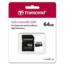 Флеш карта microSD 64GB Transcend microSDXC Class 10, UHS-I U1, High Endurance, (SD адаптер), R/W: 100/45 MB/s, 3D TLC арт.:TS64GUSD350V
