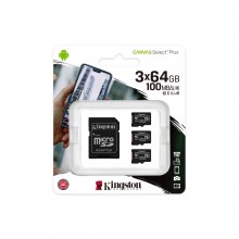 Kingston Technology Флеш карта microSD 64GB Kingston microSDXC Class 10 UHS-I U1 Canvas Select Plus (SD адаптер) 100MB/s Three Pack арт.:SDCS2/64GB-3P1A
