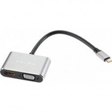 VCOM Кабель-концентратор USB3.1 TypeCm -->HDMI+USB3.0+PD+VGA Alum Grey 4K@30Hz, Telecom<TUC055>