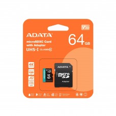Флеш карта microSD 64GB A-DATA Premier Pro microSDXC Class 10 UHS-I U3 V30 A2 100/80 MB/s (SD адаптер) арт.:AUSDX64GUI3V30SA2-RA1