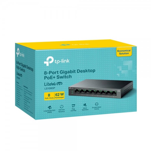 TP-Link LS108GP Настольный коммутатор с 8 гигабитными портами PoE+, бюджет PoE — 62 Вт, стальной корпус