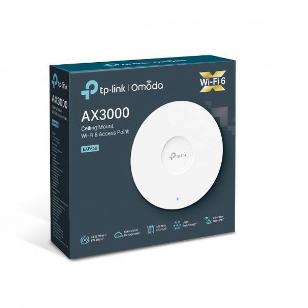 TP-Link EAP650 Потолочная точка доступа Wi‑Fi AX3000, до 574 Мбит/с на 2,4 ГГц + до 2402 Мбит/с на 5 ГГц, RJ45х1 Гбит/с