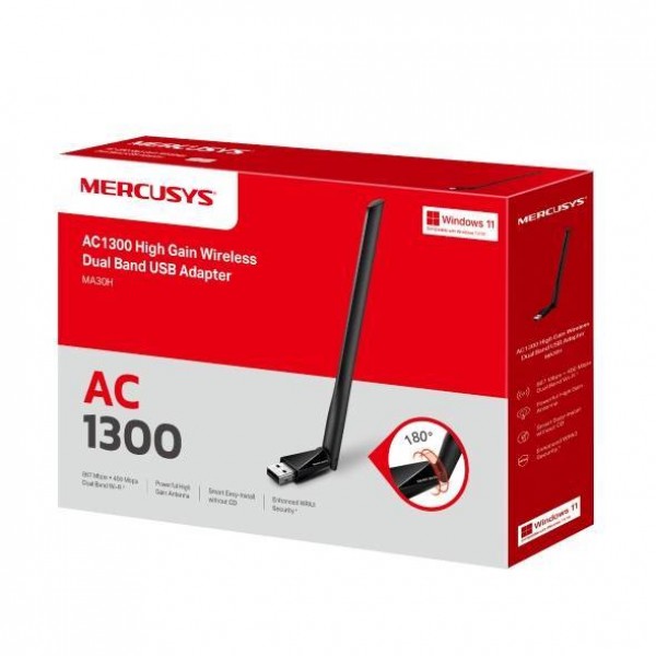 Mercusys MA30H Wi-Fi USB-адаптер высокого усиления AC1300, до 400 Мбит/с на 2,4 ГГц + до 867 Мбит/с на 5 ГГц, USB 2.0