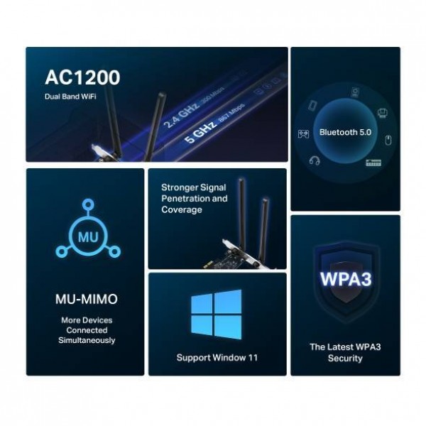 Mercusys MA30E Двухдиапазонный адаптер PCI Express Wi-Fi 5 AC1200, Bluetooth 5.0, 2,4/5 ГГц, до 1167 Мбит/с