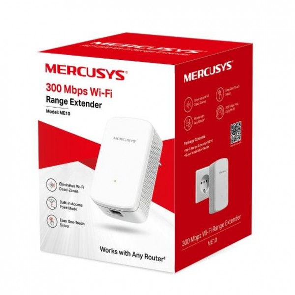Mercusys ME10 Усилитель Wi-Fi сигнала N300, до 300 Мбит/с на 2,4 ГГц, 1х100 Мбит/с, подключение к настенной розетке