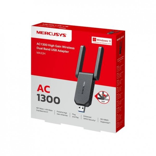 Mercusys MA32H Двухдиапазонный USB‑адаптер высокого усиления с поддержкой Wi‑Fi AC1300