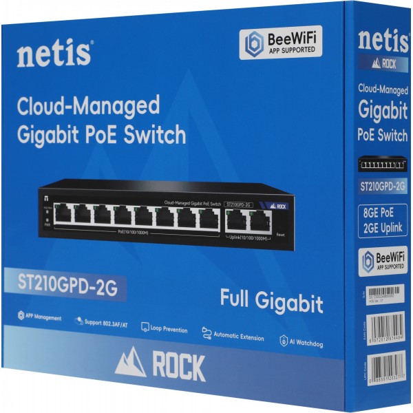 Netis ST210GPD-2G Коммутатор настраиваемый (L2), 8x1 Гбит/с, SFP/uplink RJ-45 2x1 Гбит/с, PoE 8x30 Вт (до 117 Вт)