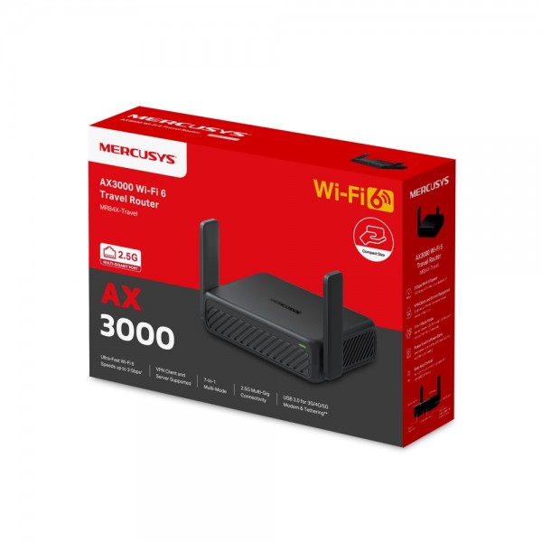 Mercusys MR84X-Travel Роутер для путешествий Wi-Fi 6 AX3000, 2.4/5 ГГц, до 2,98 Гбит/с, LAN 1x1 Гбит/с, WAN 1x2,5 Гбит/с