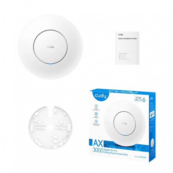 Cudy AP3000S Двухдиапазонная потолочная точка доступа Wi-Fi 6 AX3000, 2,4/5 ГГц, до 2976 Мбит/с, PoE 1х1 Гбит/с