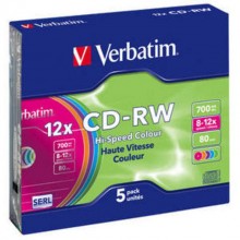 Диск CD-RW Verbatim 700 Mb, 12x, Slim Case (5), Color (5/100) арт.:43167