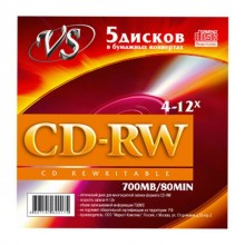 Диск CD-RW VS 700 Mb, 12x, Конверт (5), (5/250). арт.:VSCDRWK501