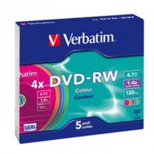 Диск DVD-RW Verbatim 4.7 Gb, 4x, Slim Case (5), Color (5/100) арт.:43563